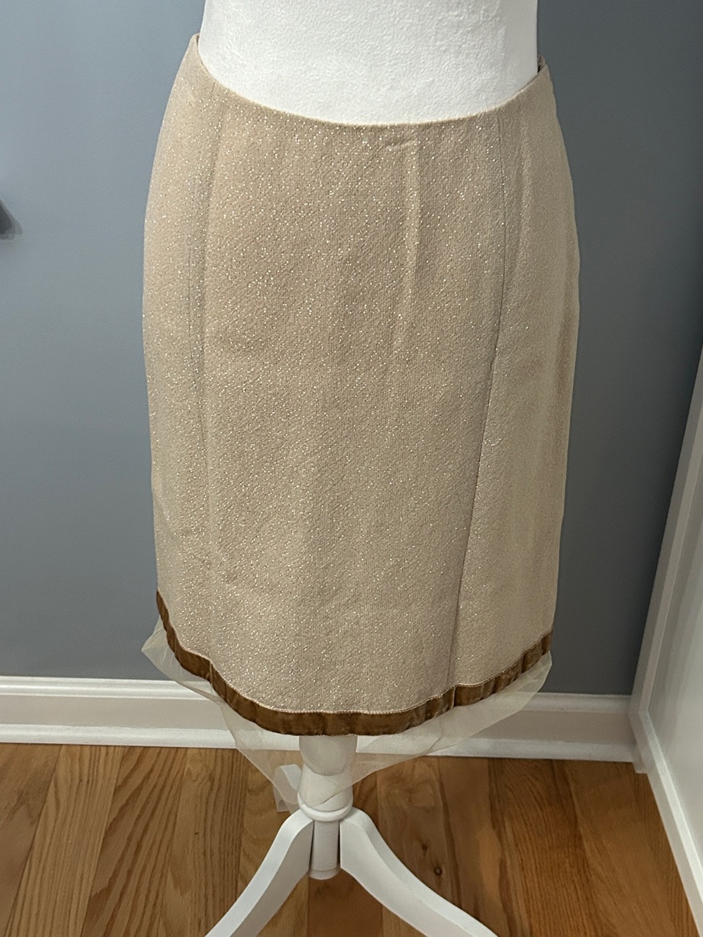 Tracy Reese NWT Wool Glitter Pencil Skirt Size 8 Bone Silver Sheer Hem Formal